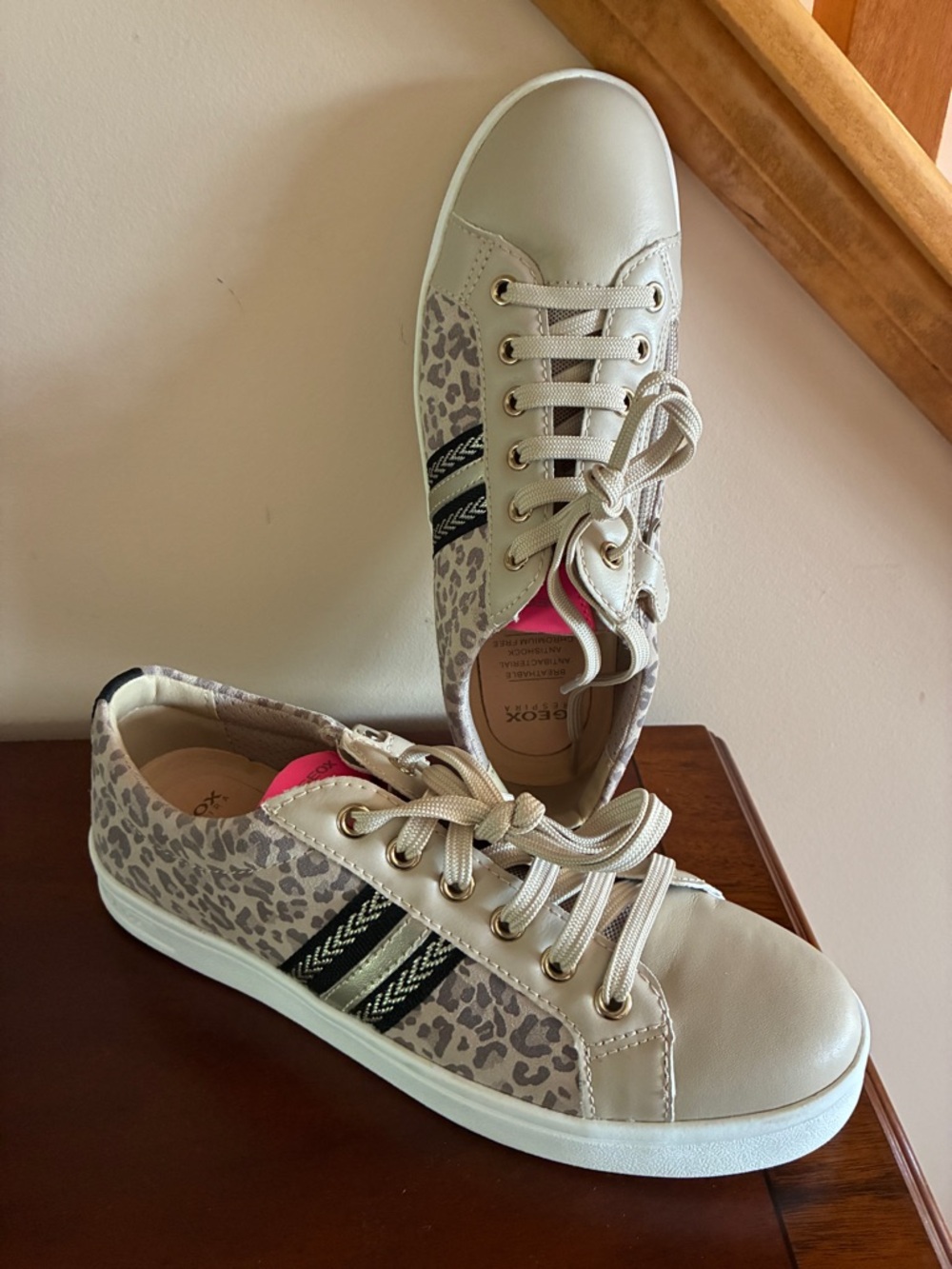 Geox Beige Leopard-Print Sneakers with Black Stripe